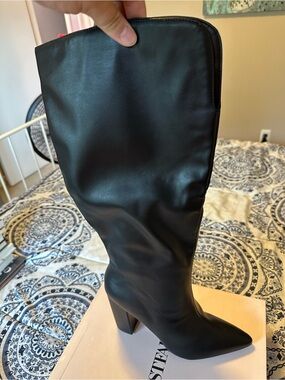 JustFab Mattison Black Knee-High Pointed Toe Block Heel Boots